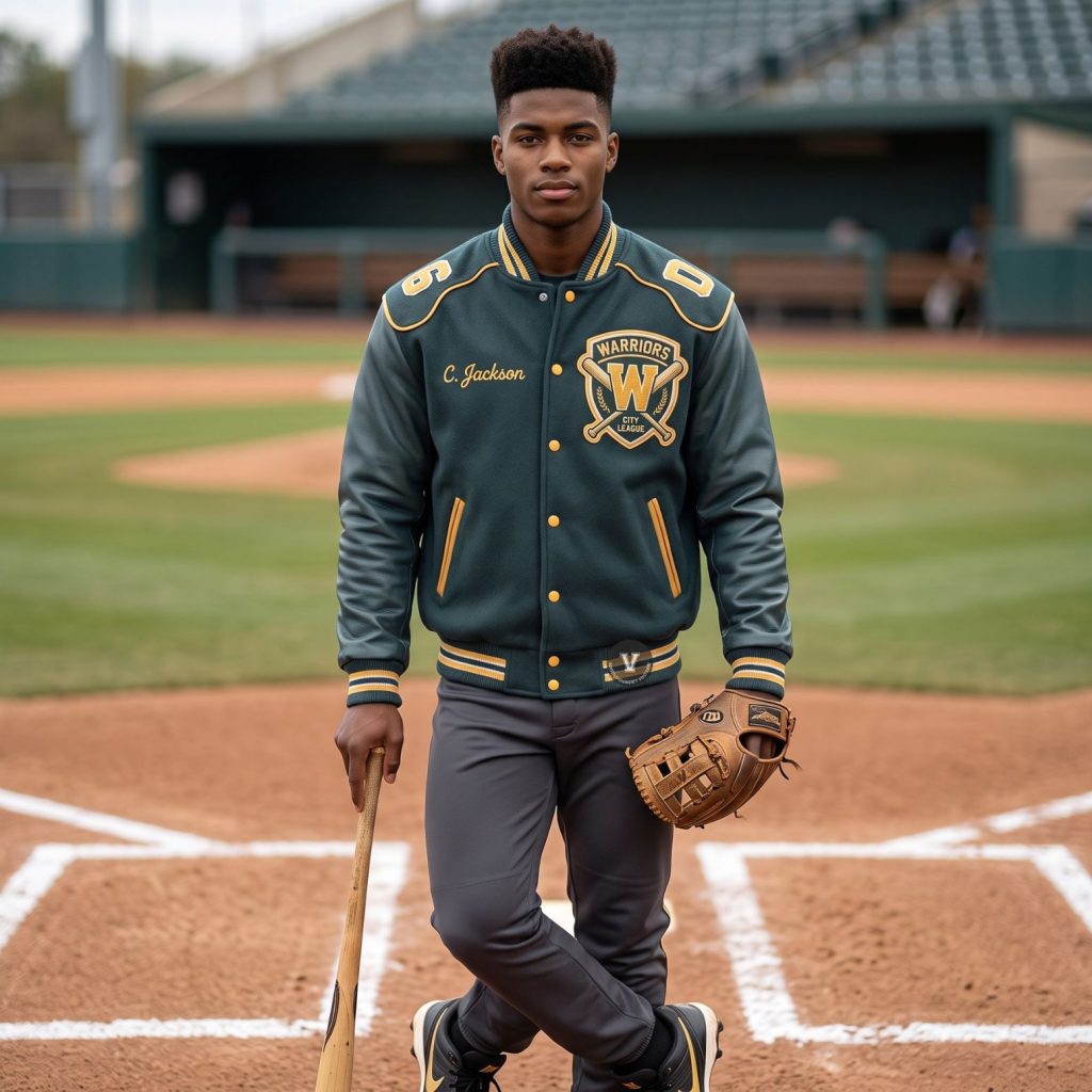 Teal Grey Baseball Jacket With Embroidery Teal Grey Baseball Jacket With Embroidery